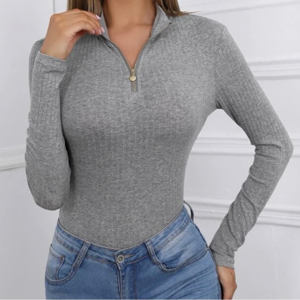 Grey Ribbed Quarter Zip